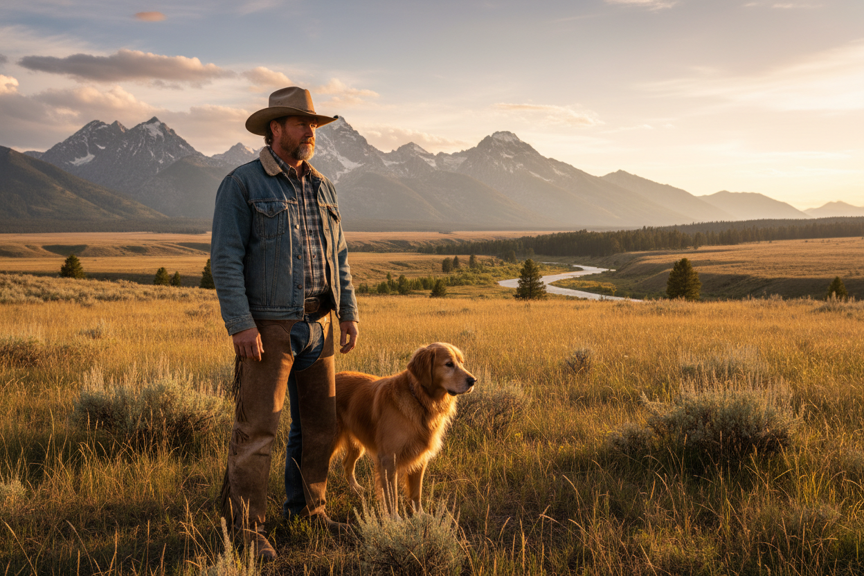 Man like John Dutton from Yellowstone with a dog in wild setting 